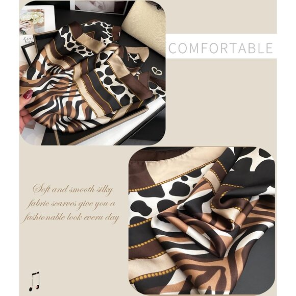 Women Brown Stripe Headscarf Satin Bandana Pattern Polyester Breathable Scarves - Picture 6 of 7